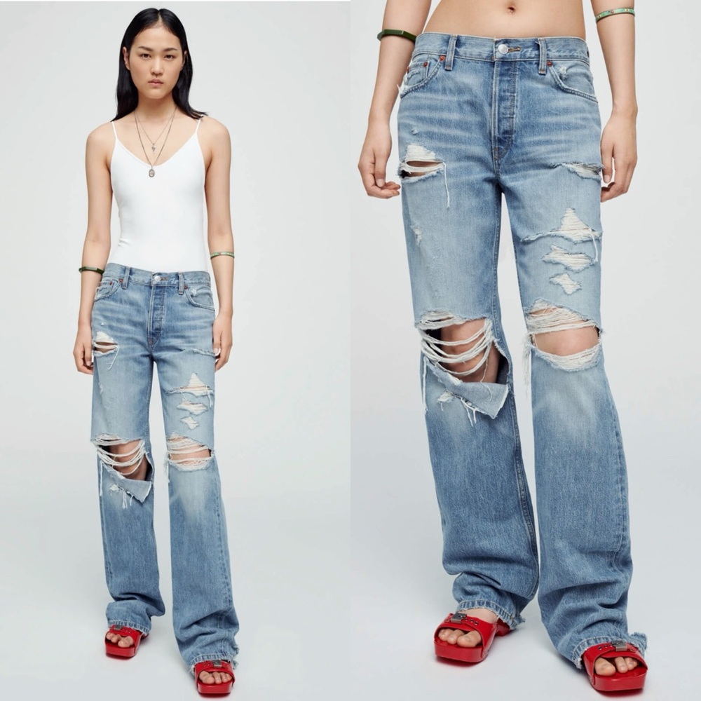 Re/Done Loose Long Ripped and Faded Jeans